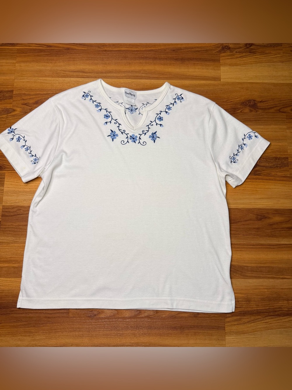 BonWorth White Short Sleeve Tee with Blue Floral Embroidery